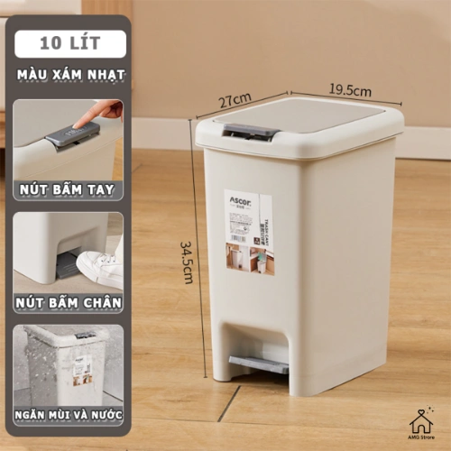 Thùng Rác Chữ Nhật AS 8-10-15 Lít - 2 Nắp Với Nắp Bật Chân Và Nắp Nhấn Tay - Dung Tích Lớn - TR2