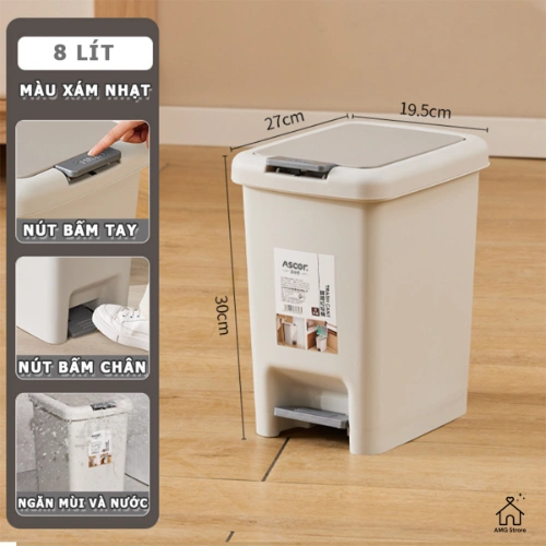 Thùng Rác Chữ Nhật AS 8-10-15 Lít - 2 Nắp Với Nắp Bật Chân Và Nắp Nhấn Tay - Dung Tích Lớn - TR2