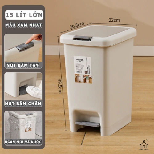 Thùng Rác Chữ Nhật AS 8-10-15 Lít - 2 Nắp Với Nắp Bật Chân Và Nắp Nhấn Tay - Dung Tích Lớn - TR2