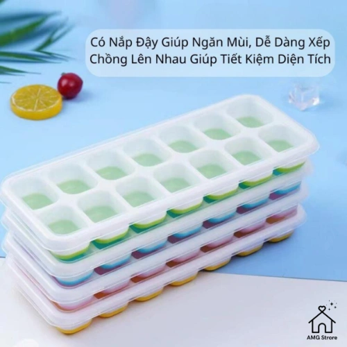 Khay Làm Đá Silicon 14 Ô Có Nắp Đậy - Khay Đựng Đá Tủ Lạnh, Làm Đá Thạch Kem Bảo Quản Chống Mùi, Vách Chống Tràn-FL02