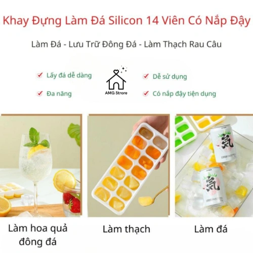 Khay Làm Đá Silicon 14 Ô Có Nắp Đậy - Khay Đựng Đá Tủ Lạnh, Làm Đá Thạch Kem Bảo Quản Chống Mùi, Vách Chống Tràn-FL02
