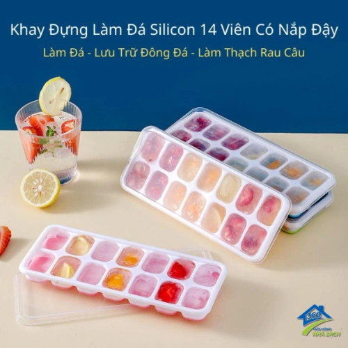 Khay Làm Đá Silicon 14 Ô Có Nắp Đậy - Khay Đựng Đá Tủ Lạnh, Làm Đá Thạch Kem Bảo Quản Chống Mùi, Vách Chống Tràn-FL02